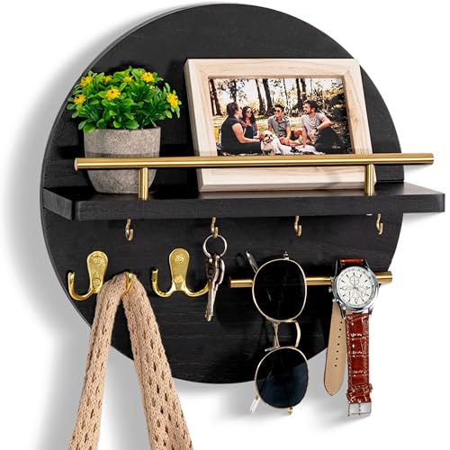 dreampossible Key Holder for Wall Decorative with Shelf and Hooks, Mail Organizer Wall Mount with Sunglasses Holder, Circular Design Entryway Key Rack Hanger, Rustic Home Decor - color: black&gold