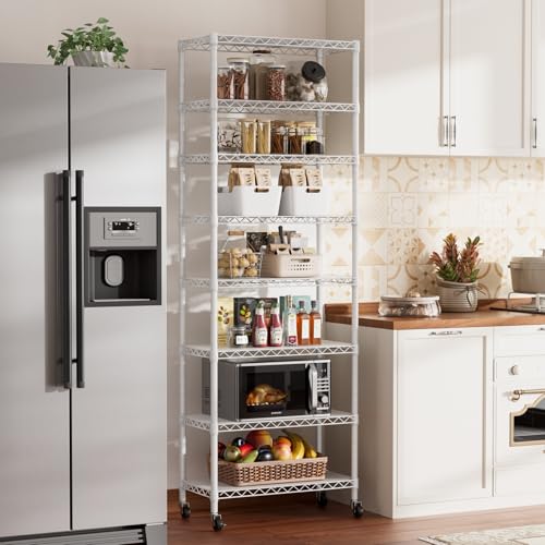 SINGAYE 8 Tier Shelf Organizer Storage Metal Shelves Garage Wire Shelving Unit Pantry Rack Adjustable Standing Storage for Kitchen Closet Laundry Bathroom Pantry 12" D x 22" W x 74" H White - color: White, size: 8Tier/12"D X 22"W X 74"H