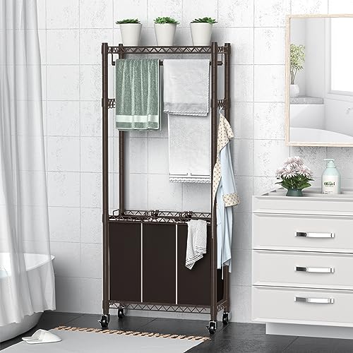 Hodonas 3-Section Laundry Sorter With Hanging Bar, Rolling Hamper Cart, Basket Organizer, Hanging Rack, Lockable Wheels and Removable Bags for Clothes Storage, Espresso - color: Espresso