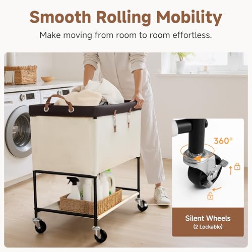 StorageWorks Laundry Cart, 2 Tier Rolling Laundry Basket, Heavy Duty Laundry Basket with Lockable Wheels, Laundry Room Organization and Storage, Clothes Hamper for Bedroom, Dorm, Closet, 46Gal, Beige - color: Beige, size: 46Gal (175L)