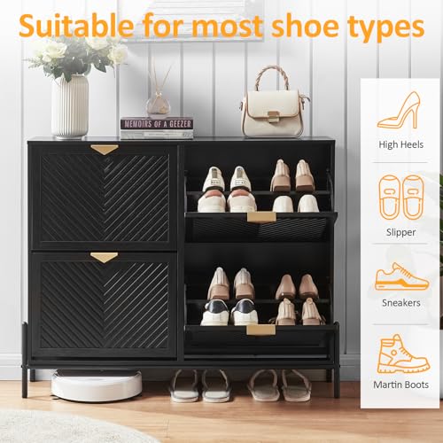 Shoe Cabinet Storage with 4 Flip Drawers, Narrow Hidden Shoes Organizer Cabinet for Entryway, Freestanding Slim Shoe Rack Front Door Entrance(Black) - color: Black, size: Large