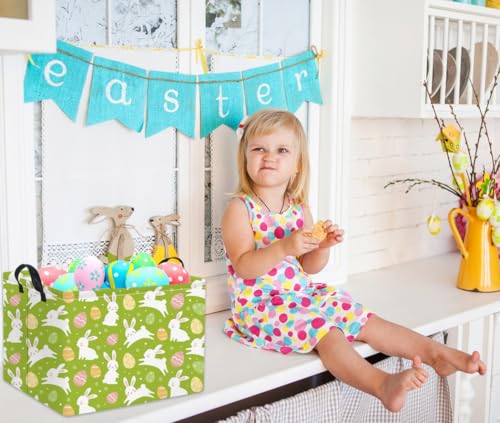 HIYAGON Rectangular Easter Basket Easter Gift Basket Kids Storage Basket Kids Basket Baby Nursery Basket for Boys Bunny Room Decor Cute Toy Storage Organizer Bins Bedroom(Green Easter Bunny) - color: Green Easter Bunny