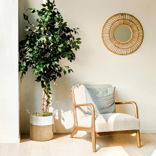 Mkono Woven Storage Basket Decorative Rope Basket Wooden Bead Decoration for Blankets,Toys,Clothes,Shoes,Plant Organizer Bin with Handles Living Room Home Decor, 11" W × 11" L, Cream White and Brown - color: Cream White and Brown, size: 11"W x 11"L