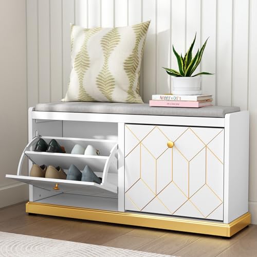 HLR Shoe Bench with Storage, Modern Entryway Bench with 2 Flip Drawer & Padded Cushion Seat, Shoes Storage Bench for Hallway, Closet, Living Room, White Shoe Storage Cabinet with Bench - color: White