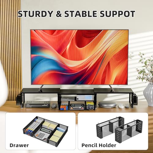 Simple Trending Desk Organizers and Accessories, Dual Monitor Stand Riser with Drawer and 2 Pen Holder, Shelf for Top of Desk, Black