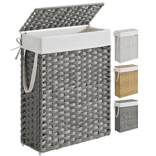 SONGMICS Slim Laundry Hamper with Lid, 14.5 Gallon (55L) Rattan Clothes Laundry Basket with Lid and Handles, Foldable, Removable Liner, Dove Gray ULCB164G01 - color: Dove Gray, size: 55 L