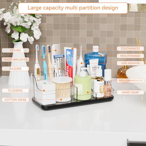 Yieach Mens Bathroom Organizer and Storage,Black Bathroom Sink Caddy Countertop,Large 7 Slot Vanity Bathroom Toiletry Organizers and Toothbrush Holders for Toothpaste,Electric Tooth Brush Organizer - color: Black+clear