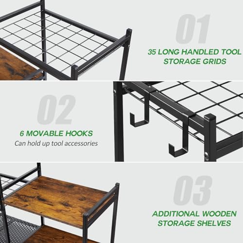 DAOUTIME Garage Tool Organizer with 2-tier Wooden Shelves, Yard Tool Organizer for Garage with 6 Hooks, Heavy duty Steel Garden Tool Rack Holds up to 35 Long Handled Yard tools for Storage, Black - size: 5 Tier