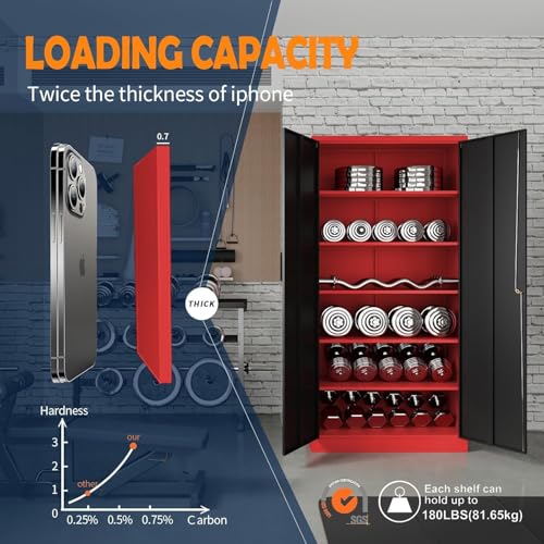 Yizosh Metal Garage Storage Cabinet with 2 Doors and 5 Adjustable Shelves - 71" Steel Lockable File Cabinet,Locking Tool Cabinets for Office,Home,Garage,Gym,School (Red Black) - color: Red Black, size: 71"H x 32"W x 16"D-A