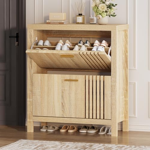 knoworld Shoe Storage Cabinet for Entryway with 2 Flip Drawers, 31.5" Slim Fluted Shoe Organizer Cabinet, Narrow Wooden Shoe Rack Cabinet, Freestanding Hidden Shoe Cabinet for Hallway, Entrance (Oak)