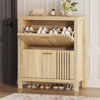 knoworld Shoe Storage Cabinet for Entryway with 2 Flip Drawers, 31.5" Slim Fluted Shoe Organizer Cabinet, Narrow Wooden Shoe Rack Cabinet, Freestanding Hidden Shoe Cabinet for Hallway, Entrance (Oak)