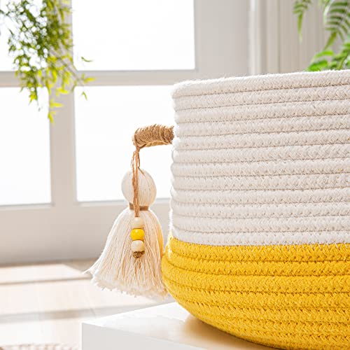 KAKAMAY Woven Baskets for Storage(16"x8"),Blanket Basket for Organizing Living Room,Cotton Rope Basket Woven Baby Laundry Hamper,Collapsible Laundry Room Organization,Clothes,Toy Chest(Yellow) - color: Yellow
