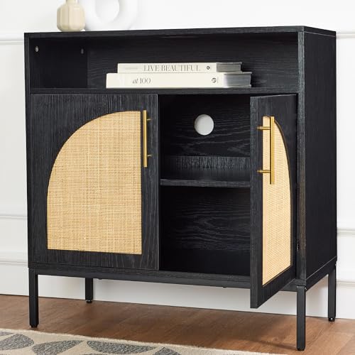 Best Choice Products Rattan Sideboard Buffet Cabinet, Entryway Table, Accent Storage Cabinet, Console Table for Hallway, Living Room, Dining Room - Black - color: Arched Rattan, Black