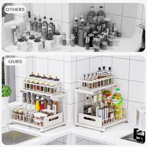 Under Sink Organizer, Heavy Duty Metal Pull Out Cabinet Organizer Slide Out Sink Shelf Organizer Height Adjustable, Multi-Purpose Storage Shelf for Kitchen Bathroom(Sand,2Pack) - color: Sand, size: 2 Pack