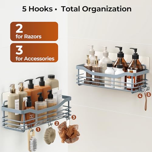 Orimade Shower Caddy Basket Shelf Storage Rack, No Drilling Wall Mounted Adhesive Rust Resistant Stainless Steel Shower Organizer with 5 Hooks for Bathroom, Light Blue Grey 2 Pack - color: Light Blue Grey, size: 4.56"D x 11.02"W x 3.11"H