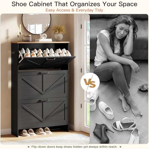 Nicetree Barn Door Shoe Cabinet for Entryway - Modern Farmhouse Shoe Storage Cabinet with 3 Flip Drawers - Slim Hidden Shoe Organizer, 3-Position Adjustable Divider, Fits Size 13, Brushed Black - color: Brushed Black Color, style: 3 Flip Drawer - Modern B