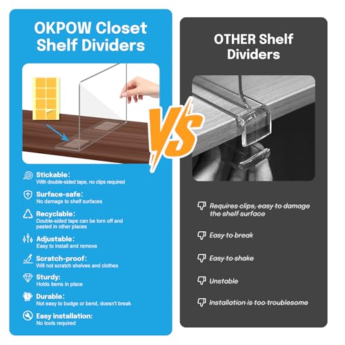 OKPOW Shelf Dividers Closet Organizer - 12" Tall X 11.8" Deep Acrylic Clear Sturdy Separate for Clothes Purse - Adjustable Space Saver Easy Install for Home Organization Enthusiasts 8 Pack - color: 8 Pack, size: Extra Tall 12" x Deep 11.8"