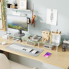 Simple Trending Dual Monitor Stand Riser, Computer Office Desktop Organizer for 2 Monitors with Tempered Glass, Adjustable Length and Angle Stand for Laptop,Printer,TV - size: 41.5 x 9.5 x 5 inches