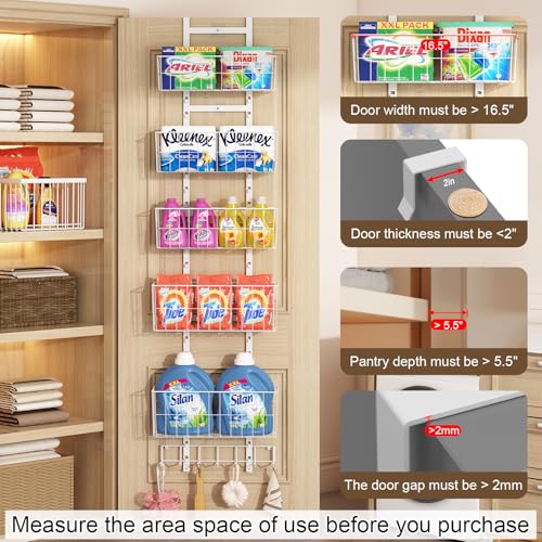 Hongtamoya Adjustable Over The Door Organizer, Metal Hanging Door Organizer with 5 Wire Basket 7 Hooks, Wall Mounted Shelf for Pantry Closet Organization and Storage, White - color: White Wire Basket