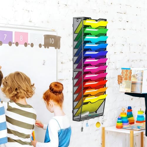 Gawerk Hanging Wall File Organizer with 5 Hooks - Wall Mounted Mail Paper Document Folder Holder, Sturdy Mesh Magazine Rack for Office Home (12+1 Tier) - size: 12+1 Tier