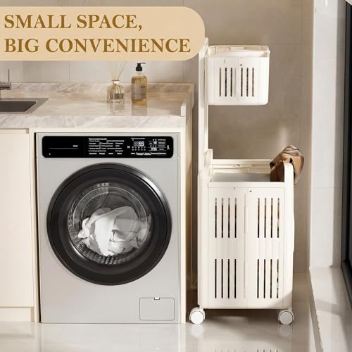 Leinuosen Foldable 2-tier Plastic Laundry Basket with Wheels and Handle 43.8 L Double Collapsible Laundry Hamper Multi-function Portable 2 Section Sorter for Bathroom Dorm Bathroom Storage