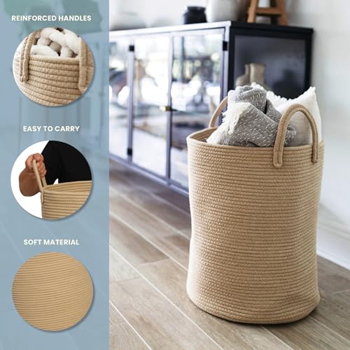 OrganiHaus Large Woven Laundry Basket w/Handles 52L, Rope Dirty Clothes Hamper, Blanket Basket for Living Room, Baby Laundry Hamper for Nursery, Soft & Durable Decorative Organizer Bin - Honey - color: Full Honey, size: Tall