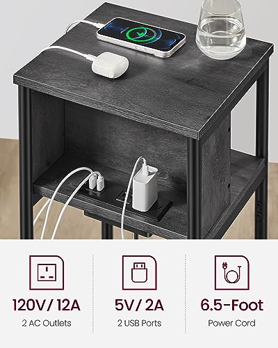 VASAGLE Side Table with Charging Station, 3-Tier End Table with USB Ports and Outlets, Nightstand for Living Room, Bedroom, 11.8 x 13.4 x 22.8 Inches, Plug-in Series, Misty Gray and Black - color: Misty Gray + Black