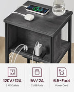 VASAGLE Side Table with Charging Station, 3-Tier End Table with USB Ports and Outlets, Nightstand for Living Room, Bedroom, 11.8 x 13.4 x 22.8 Inches, Plug-in Series, Misty Gray and Black - color: Misty Gray + Black