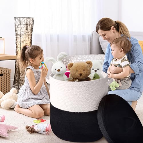 Large Storage Basket with Lid 60L, 16"Wx18"H Woven Laundry Hamper Basket with Handle, Room Decor Cotton Rope Wicker Basket Toy Organizer Bins for Clothes Blankets Pillows, Black/White Mix includes Lid - color: Black/White Mix-16"Wx18"H