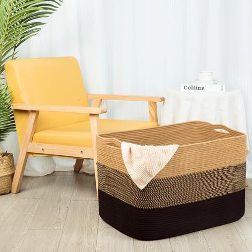 MINTWOOD Design 112L Extra Large Blanket Basket Holder Living Room, 25"x17"x16" Rectangle Rope Woven Storage Basket with Handles for Laundry, Pool Towels, Shoes, Dog Toy Organizer Bin Box, Black Jute - color: Black Jute