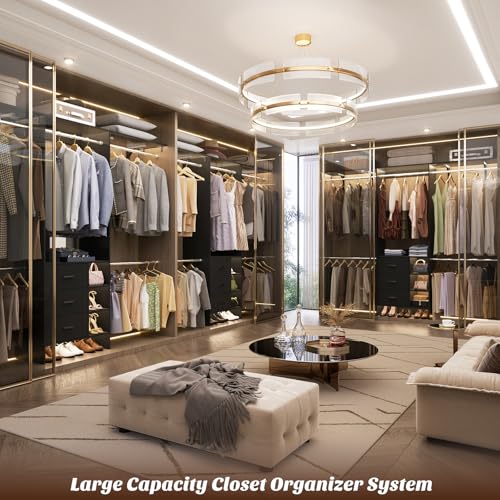 Aheaplus Closet System, Closet Organizer with 3 Wooden Drawers, 8FT Closet Organizer System, 96’’ Walk-in Closet Wardrobe Clothes Rack with Hanging Rods, Adjustable Garment Rack, Fits 5.3-9 ft, Black - color: Black