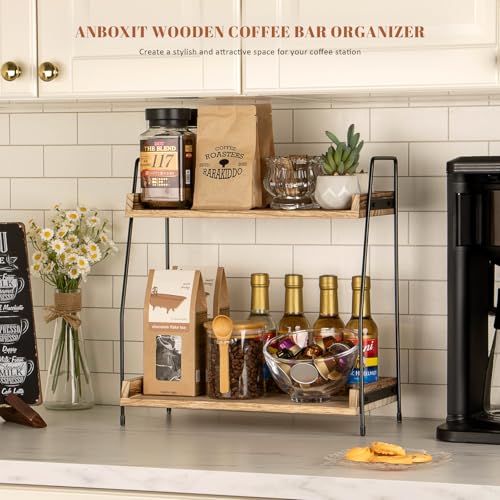 ANBOXIT Countertop Coffee Station Organizer, 2 Tier Wooden Shelf for Coffee Bar Accessories, Condiment Storage Caddy for Kitchen, Home, Office - Brown - color: Brown