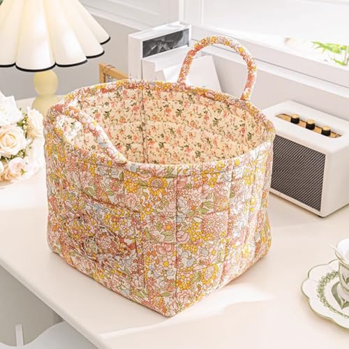 Boho Fabric Storage Basket, Boho Floral Laundry Baskets, Folding Bohemian Style Puffer Quilted Tote, Spring Vintage Storage Bag Organizer Large Capacity with Handle & Front Pocket - color: Yellow
