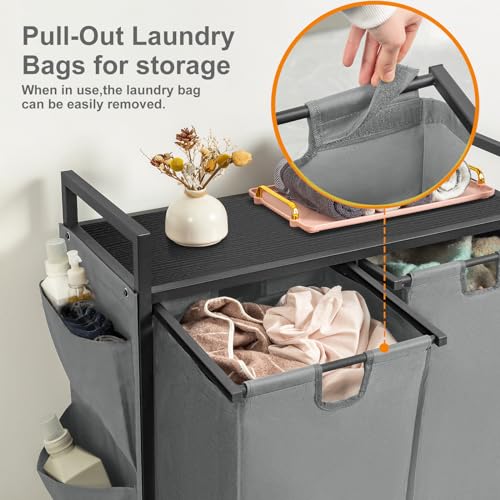 WOWLIVE Double Laundry Hamper with Lid,Rolling Laundry Basket Organizer with Wheels, Iron-Made Laundry Sorter with Top Shelf and 2 Removable Bags,Large Clothes Storage for Room,Gray - color: Gray, size: 110L (30.0 x 13 x 32 Inches)