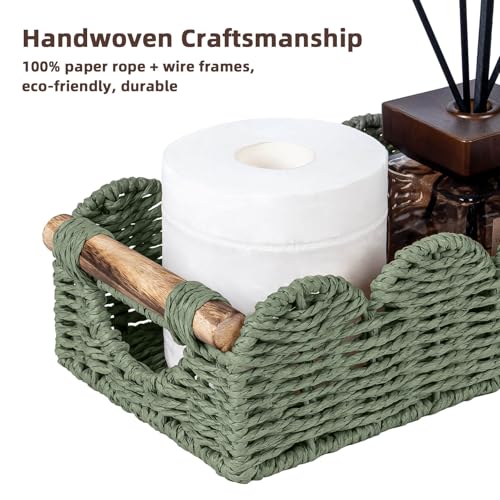 CubesLand Bathroom Basket Organizer w/Cut Out Handle, Back of Toilet Paper Storage Baskets Tray for Bathroom Countertop Decorative, Scalloped Wicker Basket Also for Home Decor, Living Room, Green - color: Green