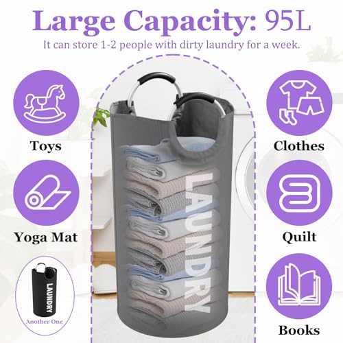 2Pcs Large Laundry Hamper for Adult, 95L Folding Clothes Basket with Handles, Dirty Clothes Hampers for Bedroom, Stand-alone Laundry Bin for Family, Hotel, Dorm, Grey/Black - color: Grey + Black, size: L-95L