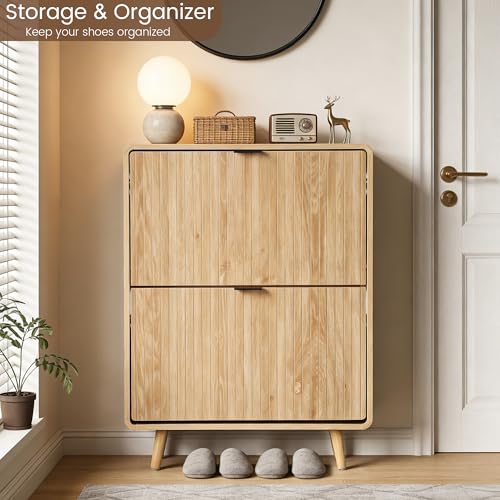 FurSch Fluted Shoe Storage Cabinet with 2 Flip Drawers, Narrow Shoe Rack Cabinet Organizer with Adjustable & Removable Shelves for Entryway (All Natural, 2 Drawers) - color: All Natural, size: 2 Drawers