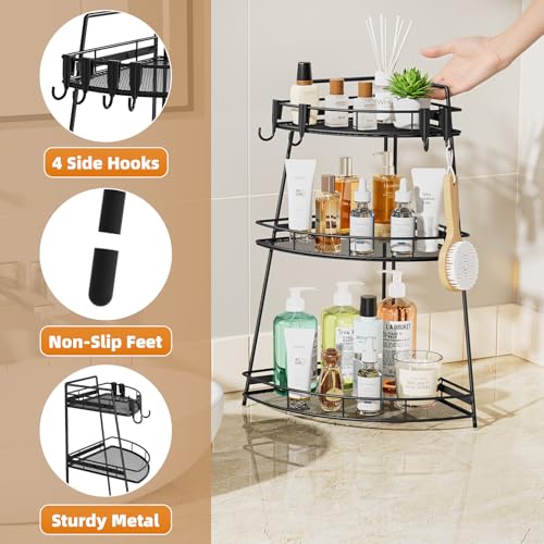 VITVITI 3 Tier Corner Bathroom Counter Organizer, Metal Bathroom Countertop Organizer Shelf Storage, Bath Room Sink Makeup Organizers for Vanity Skincare with Hooks, Black - color: Black