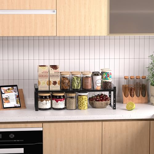 Jojocross Expandable Stackable Aadjustable Shoe Rack Pantry Shelf for Kitchen Cabinets Counter Shelves Countertop Cupboard Storage Solution,Sturdy Heavy-Duty Metal Construction(3Packs/Black/Large) - color: 3Packs/Black, size: LARGE:10.2"D x 16.5"W x 7.8"H