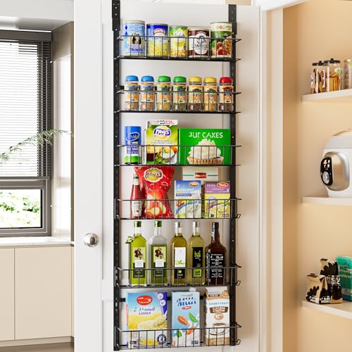 Delamu Adjustable Cabinet Door Organizer, 6-Tier Hanging Spice Rack Organizer, Metal Over the Door Pantry Organizer, Pantry Organizers and Storage Shelves for Kitchen Bathroom Laundry Room, Black - color: Black, size: 6 Tier-Medium