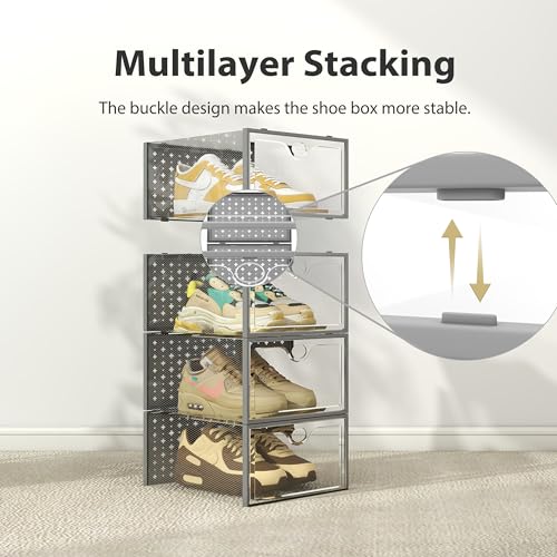 Pinkpum 12 Pack XXL Shoe Storage Box Fit for Size 14, Clear Plastic Stackable Shoe Organizer for Closet, Shoe Containers Sneaker Storage Clear and Grey - color: Gray, size: 12 Pack XX-Large