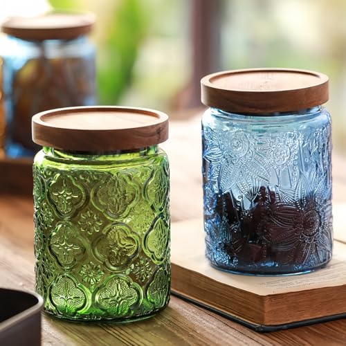 Set of 2 Vintage Glass Jars, Green Glass Storage Jars with Lids (23.7 oz) for Kitchen, Pantry, Candy, Flour, Oatmeal, Coffee Beans, Pet Food, Laundry Detergent, Cute Jar (Green&Blue 2, 23.7 Ounces) - color: Green&Blue 2, size: 23.7 Ounces