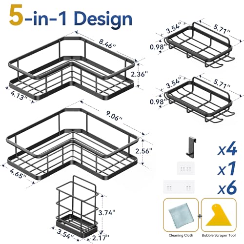 YASONIC Corner Shower Caddy, 5-Pack Adhesive Rustproof Stainless Steel Shower Organizer with Soap Holder, No Drilling Shower Shelf for Inside Shower, Dorm, Renters, Black - color: Black, size: 5Pack