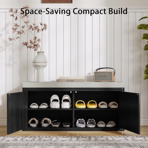 Shoe Cabinet Bench with Cushion,Double Layered Wooden Shoe Bench with Soft Cushion,Shoe Rack for Entryway,Bedroom,Living Room (Black Sturdy Shoe Storage Bench) - color: Black Sturdy Shoe Storage Bench