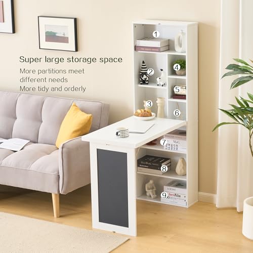 Folding Desk with Storage,Foldable Convertible Writing table with Blackboard and Shelves,Wall Mount Fold Out Table Cabinet , Space-Saving Murphy Desk Multi-Function Home Office Workstation (White) - color: White