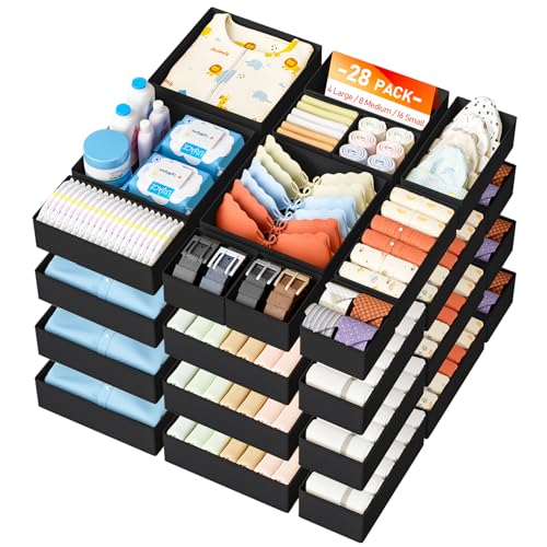 DIMJ Drawer Organizer Clothes Storage - 28 Pack Baby Dresser Organizer for Nursery, Foldable Closet Drawer Organizer Bins for Bedroom Organization, Fabric Storage Dividers for Socks, Underwears, Bras - color: Black, size: 28 Pack