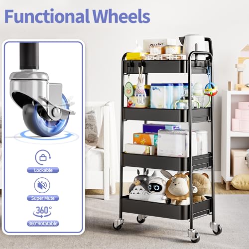 TOOLF 4-Tier Rolling Cart - Metal Storage Organizer with Lockable Wheels, 44 lbs Per Shelf Capacity, Tool-Free Assembly, for Kitchen Bathroom Office Laundry Room Nursery, Black - color: Black, size: 4-Tier