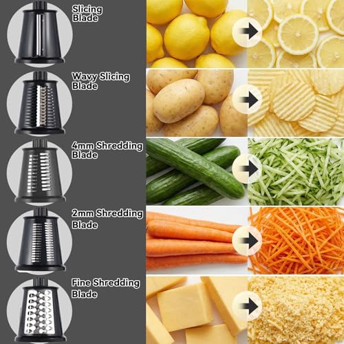 Upgrade Rotary Cheese Grater Shredder with Handle, Strong Suction Base, Multi-purpose Rotary Grater Slicer with 5 Interchangeable Blades for Ice, Vegetables, Fruit, Nuts with Blade Storage Box - color: Black