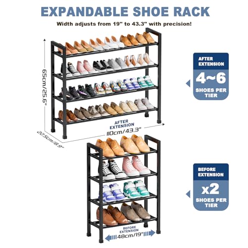 Mavivegue Expandable Shoe Rack, 4-Tier 19"-43.3" Adjustable Shoe Rack for Closet,Hall Entryway,Front Door,Garage, Sturdy Steel Space-Saving Rack, Black - color: Black, size: 4 Tier