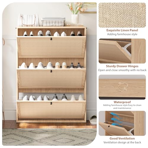 Shoe Cabinet Storage with 3 Flip Drawer for Entryway, 31.5 Inch Farmhouse Slim Narrow Wood Storage Cabinet for Shoes, Freestanding Shoe Organizer for Living Room, Aparment (Natural) - color: Linen-natural, size: 3-Drawer-No Divider